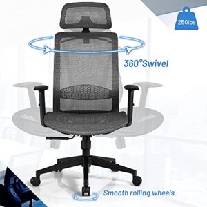 Giantex Ergonomic Office Chair, Mesh Desk Chair Back Support with Adjustable Headrest, High Back Executive Chair Comfortable Swivel Rolling Computer Task Chair with Clothes Hanger for Adults (Grey)