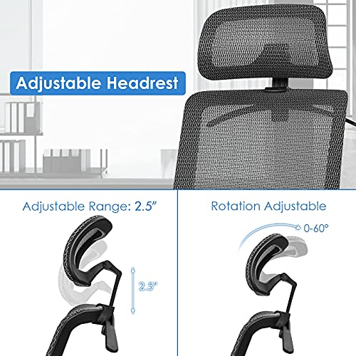 Giantex Ergonomic Office Chair, Mesh Desk Chair Back Support with Adjustable Headrest, High Back Executive Chair Comfortable Swivel Rolling Computer Task Chair with Clothes Hanger for Adults (Grey)