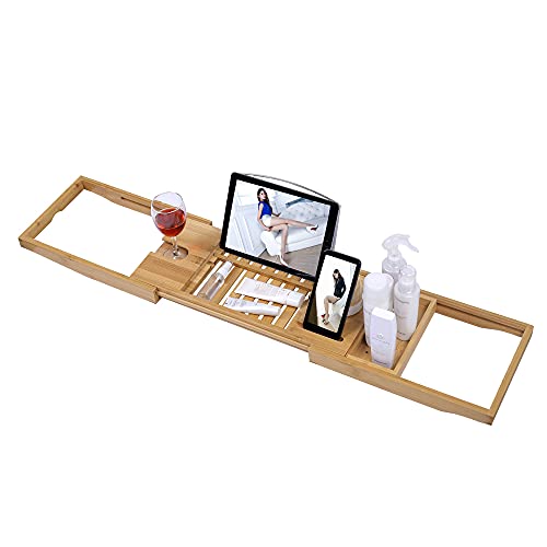 Bozhu Bathtub Tray, Adjustable Bathtub Tray, Expandable Bathtub Caddie, Table, Wine Glass Bracket and Towel Rack, Bamboo(Bozhu01)