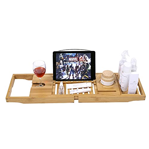 Bozhu Bathtub Tray, Adjustable Bathtub Tray, Expandable Bathtub Caddie, Table, Wine Glass Bracket and Towel Rack, Bamboo(Bozhu01)