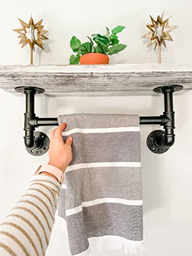 Industrial Bathroom Shelf w/ Pipe Towel Bar – Farmhouse Towel Rack Made of Paulownia Wood and Cast Iron, Pipe Rack in Black Matte – Wall Mount Hand Towel Holder for Rustic Décor w/ Single Wooden Shelf