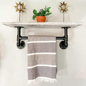 Industrial Bathroom Shelf w/ Pipe Towel Bar – Farmhouse Towel Rack Made of Paulownia Wood and Cast Iron, Pipe Rack in Black Matte – Wall Mount Hand Towel Holder for Rustic Décor w/ Single Wooden Shelf