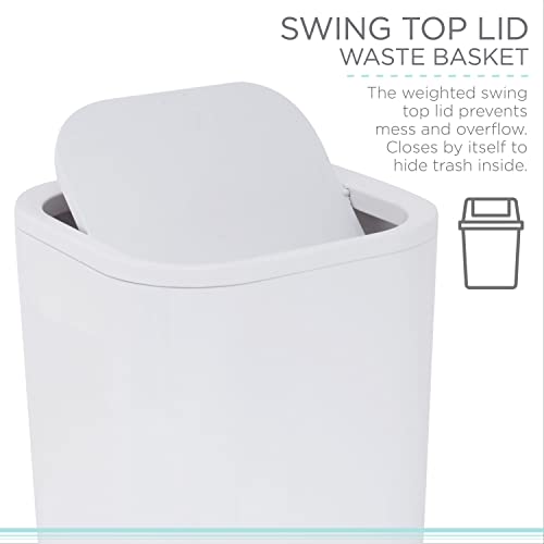 Bath Bliss 8 Liter Acrylic Wastebasket | Weighted Swing Top Lid | Small Trash Can | Waste Bin | Garbage Container | Contemporary Design | Bathroom | Bedroom | Office | Dorm | White
