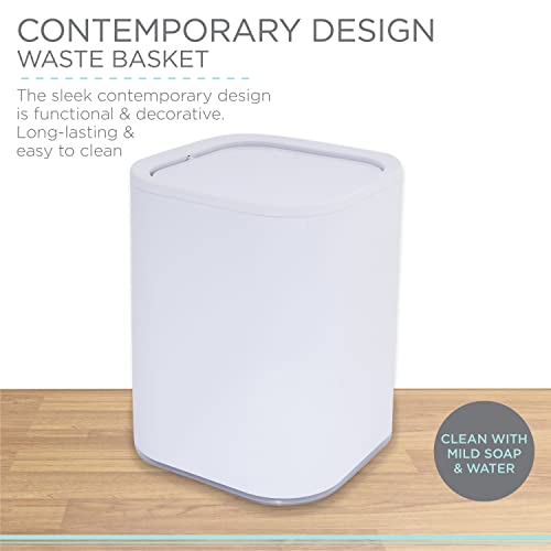 Bath Bliss 8 Liter Acrylic Wastebasket | Weighted Swing Top Lid | Small Trash Can | Waste Bin | Garbage Container | Contemporary Design | Bathroom | Bedroom | Office | Dorm | White