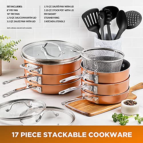 Gotham Steel Stackmaster Nonstick Pots & Pans Set, 17 Piece Stackable Cookware Set, As Seen on TV Cookware, Space Saving Cookware, Copper Pots & Pans Set, PFOA Free, Oven & Dishwasher Safe 2021 Model