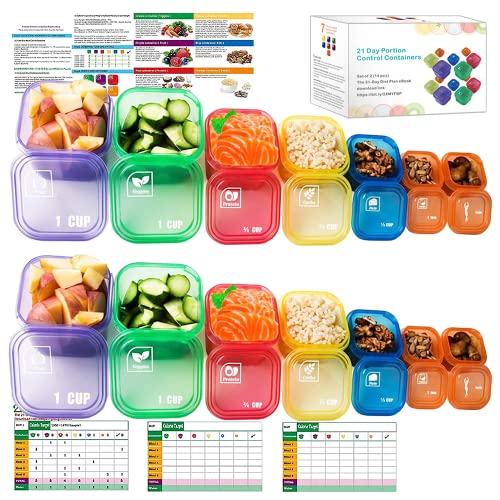 Lanfubiao Portion Control Containers for Weight Loss (14 Piece) - 21 Day Fix Measuring Cups and Food Plan with Free eBook, Multi Color and Label Engraved Healthy Diet Containers