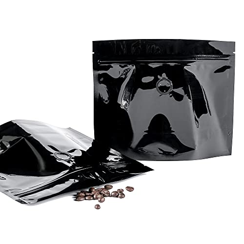 QQ Studio 6 oz / 170 gm Black Mylar Coffee Bags with Degassing Valve and Zipper Seal, Resealable Stand Up Packaging Bags for Roasted Coffee Bean Storage (50 Bags)