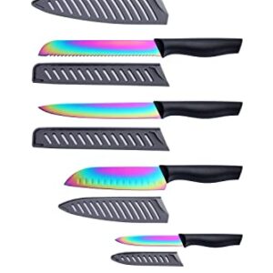 DISHWASHER SAFE Kitchen Knife Set, Marco Almond® KYA36 12-Piece Rainbow Titanium Stainless Steel Boxed Knives Set for Kitchen with Sheath, 6 Knives with 6 Blade Guards, Black