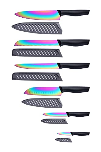 DISHWASHER SAFE Kitchen Knife Set, Marco Almond® KYA36 12-Piece Rainbow Titanium Stainless Steel Boxed Knives Set for Kitchen with Sheath, 6 Knives with 6 Blade Guards, Black