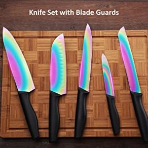 DISHWASHER SAFE Kitchen Knife Set, Marco Almond® KYA36 12-Piece Rainbow Titanium Stainless Steel Boxed Knives Set for Kitchen with Sheath, 6 Knives with 6 Blade Guards, Black