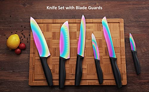 DISHWASHER SAFE Kitchen Knife Set, Marco Almond® KYA36 12-Piece Rainbow Titanium Stainless Steel Boxed Knives Set for Kitchen with Sheath, 6 Knives with 6 Blade Guards, Black