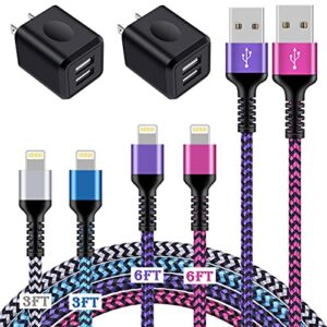 iphone charger[4+2pack], usb cable fast charging braided multi color long cord with dual port usb plug wall charger adapter for iphone 14 13 12 pro max/se/11 pro max/xs/xr/x/8/7 plus/6s/6, ipad air
