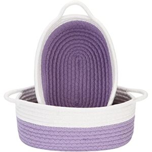 sea team 2-pack cotton rope baskets, 10 x 7 x 4 inches small woven storage basket, fabric tray, bowl, oval open dish for fruits, jewelry, keys, sewing kits (lavender & white)