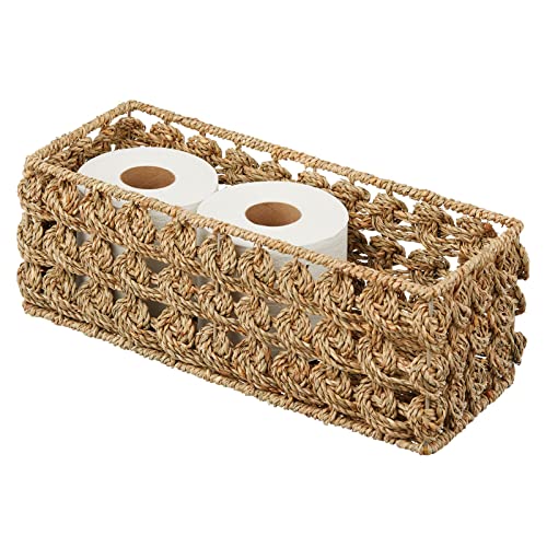 mDesign Small Natural Rose Woven Seagrass Bathroom Toliet Roll Holder Storage Organizer Basket Bin; Use on Bathroom Countertop, Toilet Tank Top - Holds 3 Rolls of Toilet Paper - Natural/Tan