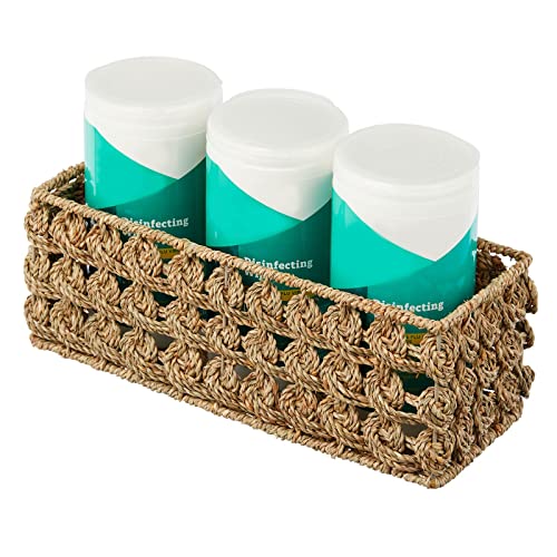 mDesign Small Natural Rose Woven Seagrass Bathroom Toliet Roll Holder Storage Organizer Basket Bin; Use on Bathroom Countertop, Toilet Tank Top - Holds 3 Rolls of Toilet Paper - Natural/Tan