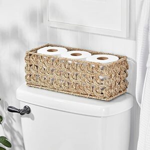 mDesign Small Natural Rose Woven Seagrass Bathroom Toliet Roll Holder Storage Organizer Basket Bin; Use on Bathroom Countertop, Toilet Tank Top - Holds 3 Rolls of Toilet Paper - Natural/Tan