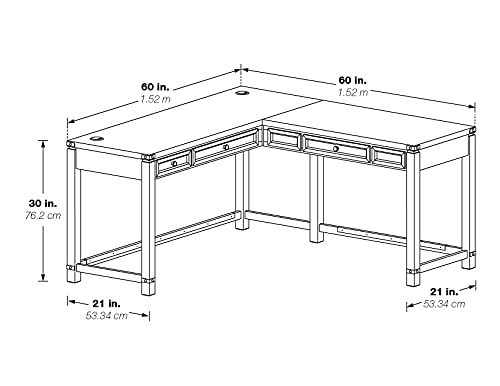 OSP Home Furnishings Baton Rouge Rustic L-Shape Office Desk with Power Port Drawer, Brushed Walnut Finish