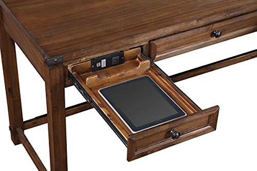 OSP Home Furnishings Baton Rouge Rustic L-Shape Office Desk with Power Port Drawer, Brushed Walnut Finish