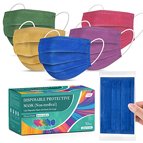 XDX Disposable Face Masks Individually Wrapped, 50PCS Face Mask for Women Men 3-Ply Protective Breathable Multicolored Design for Adults (50PCS, 5 Colours)