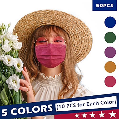 XDX Disposable Face Masks Individually Wrapped, 50PCS Face Mask for Women Men 3-Ply Protective Breathable Multicolored Design for Adults (50PCS, 5 Colours)