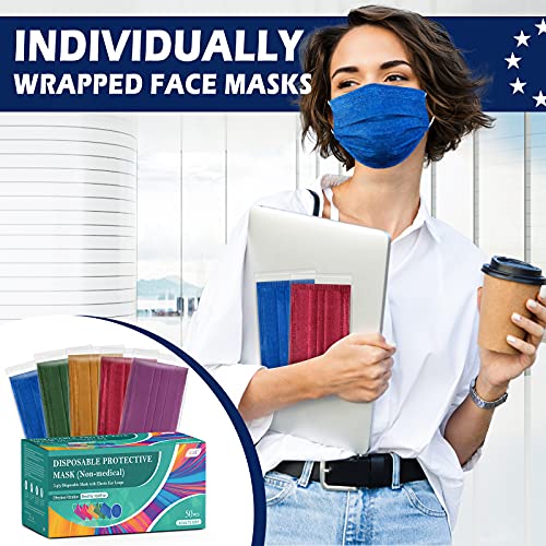 XDX Disposable Face Masks Individually Wrapped, 50PCS Face Mask for Women Men 3-Ply Protective Breathable Multicolored Design for Adults (50PCS, 5 Colours)