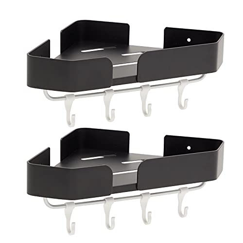 Juvale Bathroom Corner Shelves with Hooks, Wall Mounted Shower Caddy (12.5 x 8.2 in, Black, 2 Sets)