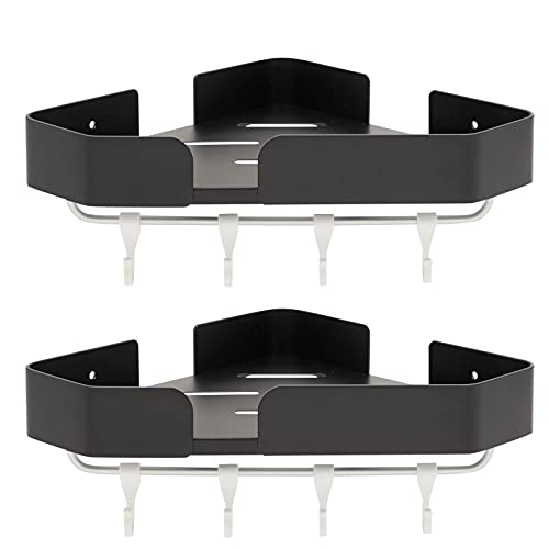 Juvale Bathroom Corner Shelves with Hooks, Wall Mounted Shower Caddy (12.5 x 8.2 in, Black, 2 Sets)