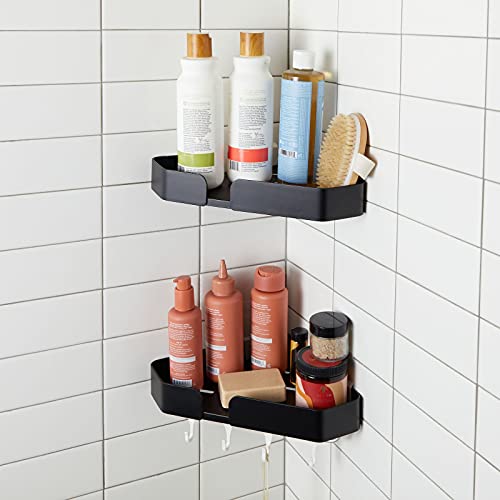 Juvale Bathroom Corner Shelves with Hooks, Wall Mounted Shower Caddy (12.5 x 8.2 in, Black, 2 Sets)