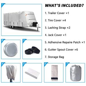 FRUNO Oxford Cloth Travel Trailer RV Cover 27'8"-30' Waterproof Rip-Resistant Anti-UV Camper Cover for Winter Snow with Jack Cover 4 Tire Covers and Gutter Covers