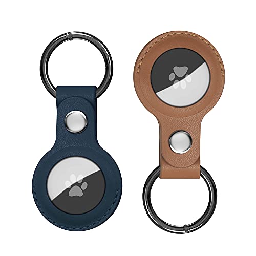 PHOACES [2 Pack] Leather AirTag Case, Protective AirTag Leather Key Ring Anti-Scratch Skin Cover with Keychain Compatible with AirTag Tracker Accessories (Navy Blue+Brown)