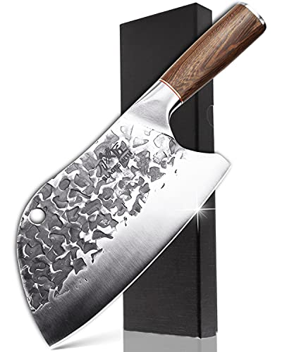 BLADESMITH Serbian Chef Knife, Butcher Knife Forged in Fire，8'' Cleaver Knife High Carbon Steel Bone Cutting Knife with Non-Slip Ergonomic Wenge Wood Handle for Kitchen/Restaurant/Slaughter House