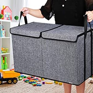 YOLOXO Large Kids Toy Box Chest Storage organizer with Double Flip-Top Lid - Collapsible Sturdy Toy Organizers And Storage Bins With Big Handles For Nursery, Playroom, 26.8"x13.8"x16"(Grey)