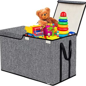 YOLOXO Large Kids Toy Box Chest Storage organizer with Double Flip-Top Lid - Collapsible Sturdy Toy Organizers And Storage Bins With Big Handles For Nursery, Playroom, 26.8"x13.8"x16"(Grey)