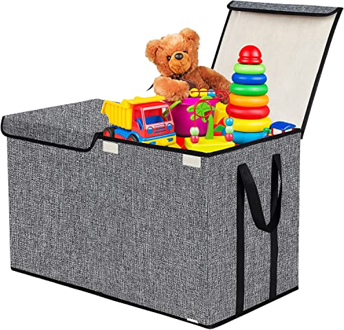 YOLOXO Large Kids Toy Box Chest Storage organizer with Double Flip-Top Lid - Collapsible Sturdy Toy Organizers And Storage Bins With Big Handles For Nursery, Playroom, 26.8"x13.8"x16"(Grey)