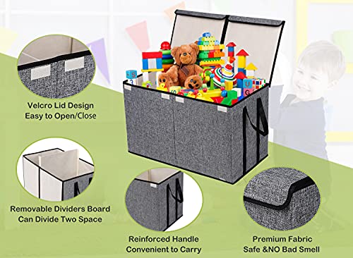 YOLOXO Large Kids Toy Box Chest Storage organizer with Double Flip-Top Lid - Collapsible Sturdy Toy Organizers And Storage Bins With Big Handles For Nursery, Playroom, 26.8"x13.8"x16"(Grey)