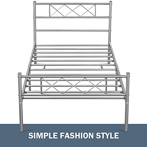 Topeakmart Wrought Iron Twin Bed Frame,Metal Silver Platform with Headboard and Footboard,Mattress Foundation,No Box Spring Needed,Strong Slat Support