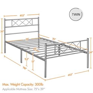 Topeakmart Wrought Iron Twin Bed Frame,Metal Silver Platform with Headboard and Footboard,Mattress Foundation,No Box Spring Needed,Strong Slat Support