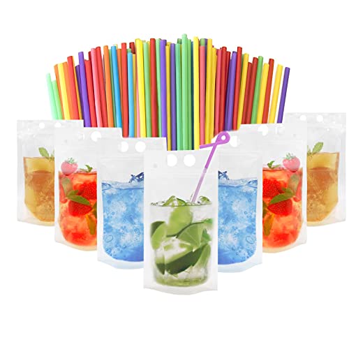 Muka 50 PCS 16 OZ Reusable Frosted Stand up Juice Pouches with Reusable Straws, Hand-held, 4 Mil