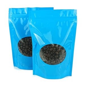 qq studio 50 empty coffee packaging bags with degassing valve, 4 oz and 7 oz glossy zipper seal bags with round window for roasted coffee bean storage (blue, 4oz)