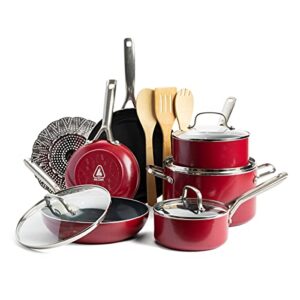 red volcano textured ceramic nonstick, 14 piece cookware pots and pans set with stainless steel handles, pfas pfoa & ptfe free, dishwasher safe, oven & broiler safe to 600 degrees, red