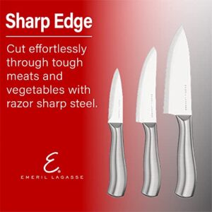 Emeril Lagasse 3-Piece Stainless Steel Kitchen Knife Set (Hollow Handles) - 8” Chef, 5.5” Prep, & 3.5” Paring Knives - Slice Fruits & Meats Effortlessly