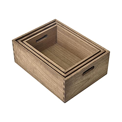 KIRIGEN Nesting Wooden Crates with Portable Handles for Home Organizer - Wood Rustic Decor Farmhouse Boxes/Basket Rolling Trays set of 3 Dark Brown