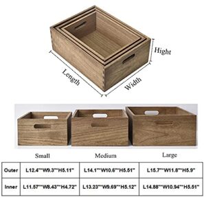 KIRIGEN Nesting Wooden Crates with Portable Handles for Home Organizer - Wood Rustic Decor Farmhouse Boxes/Basket Rolling Trays set of 3 Dark Brown