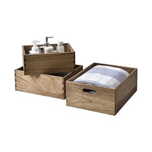 KIRIGEN Nesting Wooden Crates with Portable Handles for Home Organizer - Wood Rustic Decor Farmhouse Boxes/Basket Rolling Trays set of 3 Dark Brown