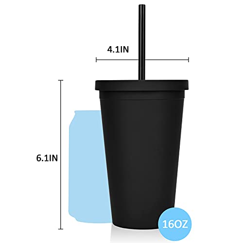 Waipfaru 4 Pack Acrylic Tumbler 16Oz, Acrylic Tumbler with Lids and Straws, Matte Colored Plastic Tumbler for Customized Gift, Double Wall Plastic Tumbler for Cold Hot Drinks (Black)