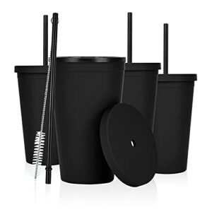 waipfaru 4 pack acrylic tumbler 16oz, acrylic tumbler with lids and straws, matte colored plastic tumbler for customized gift, double wall plastic tumbler for cold hot drinks (black)