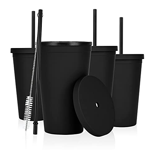 Waipfaru 4 Pack Acrylic Tumbler 16Oz, Acrylic Tumbler with Lids and Straws, Matte Colored Plastic Tumbler for Customized Gift, Double Wall Plastic Tumbler for Cold Hot Drinks (Black)