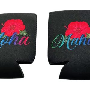 Aloha Hawaii Hibiscus & Mahalo Beer Can Coolers Sleeves (2-Pack) & 1 Aloha Decal - Soft Insulated Beer Can Cooler Sleeves - 5mm Neoprene Collapsible Black Can Sleeves for Soda, Beer & Water Bottles