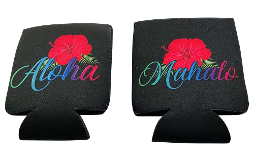 Aloha Hawaii Hibiscus & Mahalo Beer Can Coolers Sleeves (2-Pack) & 1 Aloha Decal - Soft Insulated Beer Can Cooler Sleeves - 5mm Neoprene Collapsible Black Can Sleeves for Soda, Beer & Water Bottles