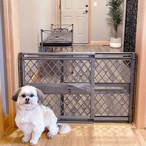 mypet north states 40” paws portable pet gate: made in usa, expands & locks in place with no tools. pressure mount. fits 26"-40" wide (23" tall, fieldstone)